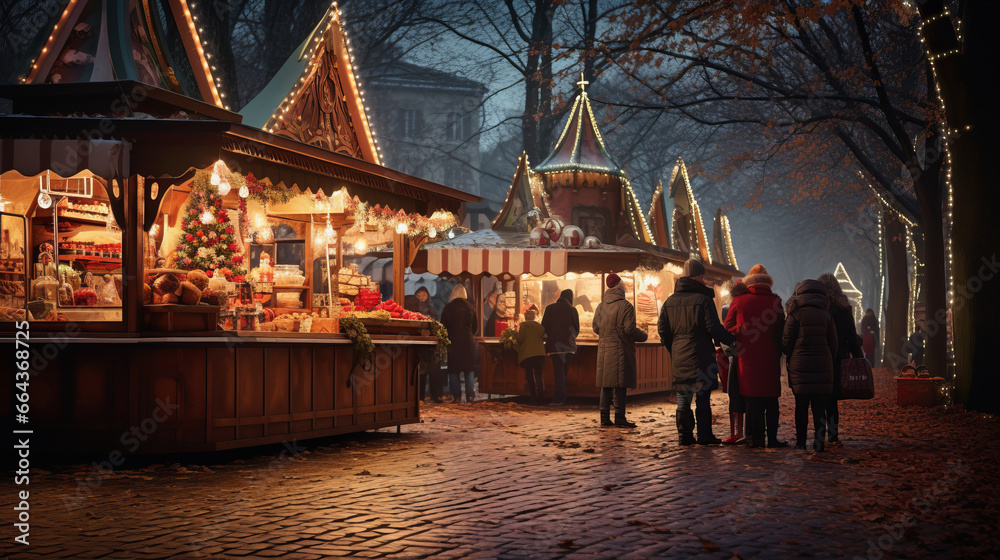 Beautiful and romantic Christmas markets. Children looking at sweets at the Christmas market