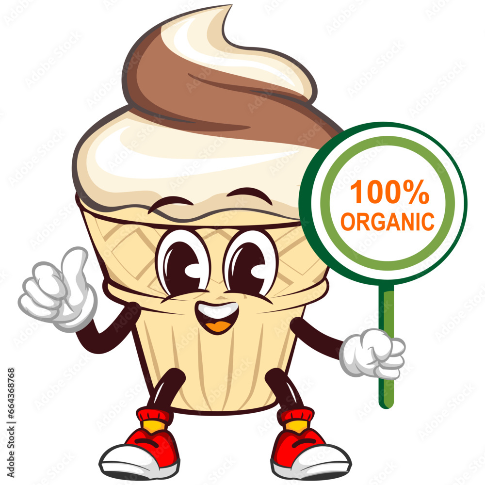 Mascot character of an ice cream cone with a funny face giving a thumbs up sign next to a sign saying 100 percent ogranic, isolated cartoon vector illustration. emoticon, cute ice cream cone mascot