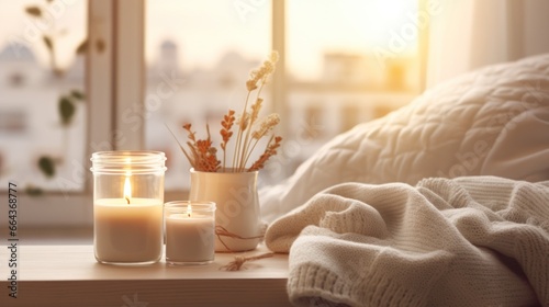 Hygge warmth portrayed by a white sweater and candles on a windowsill.