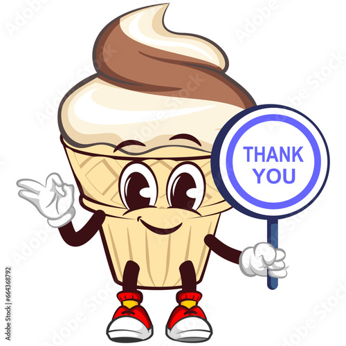 Mascot character of an ice cream cone with a funny face giving a okay sign next to a sign saying thank you, isolated cartoon vector illustration. emoticon, cute ice cream cone mascot
