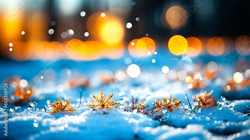 Bright decorations and gifts of different shapes and colors are scattered on the snow on bokeh background. Generative AI technology