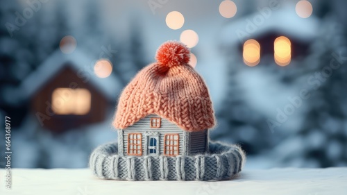 A miniature house model wearing a knitted hat, symbolizing a well-heated and comfortable home in the snowy winter weather. photo