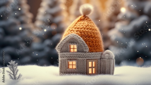 A miniature house model wearing a knitted hat, symbolizing a well-heated and comfortable home in the snowy winter weather. © lililia