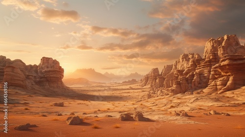 A rugged, weathered desert landscape with intricate rock formations, lit by the warm hues of a setting sun.