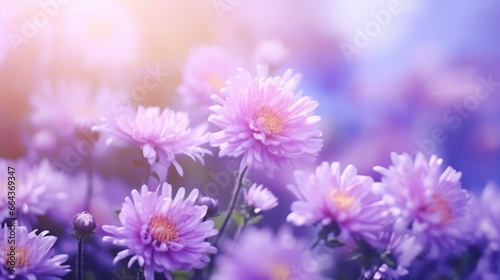 Soft focus macro abstract art background with lovely flowers. Asters in the wild with pink and purple blossoms against a violet backdrop.