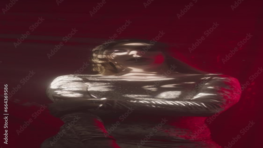 Vertical medium portrait of glamorous drag queen in shiny mini dress posing for camera on red background in dark room Vertical medium portrait of glamorous drag queen in shiny mini dress posing for camera on red background in dark room