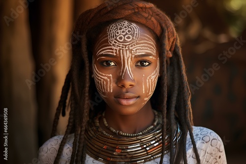 beauty and authenticity of an Africa Ethiopian young woman from the Gambela region. Gambela region's traditional culture through her unique face marks. generative AI