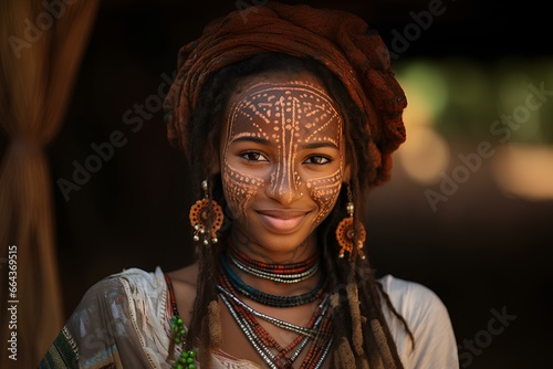 beauty and authenticity of an Africa Ethiopian young woman from the Gambela region. Gambela region's traditional culture through her unique face marks. generative AI photo