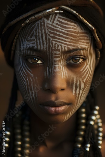 beauty and authenticity of an Africa Ethiopian young woman from the Gambela region. Gambela region's traditional culture through her unique face marks. generative AI photo