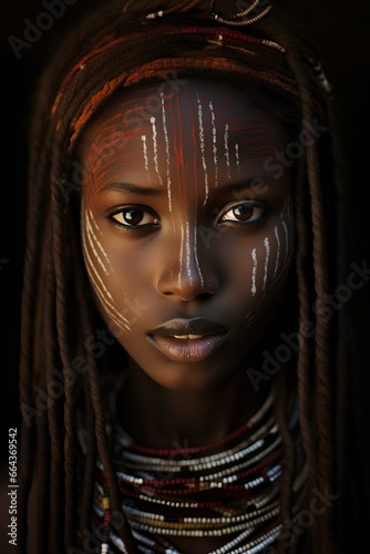 beauty and authenticity of an Africa Ethiopian young woman from the Gambela region. Gambela region's traditional culture through her unique face marks. generative AI