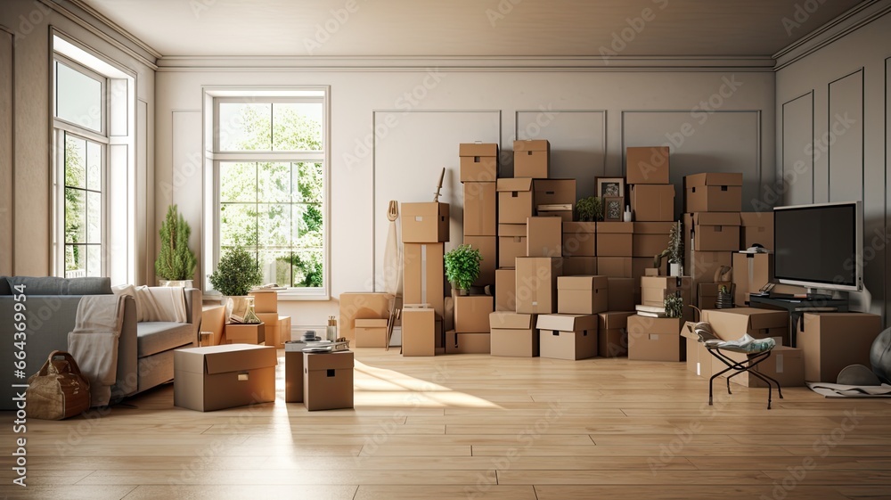 a living room with cardboard boxes filled with household items, highlighting the concept of a seamless move to a new home. a living room with cardboard boxes filled with household items, highlighting the concept of a seamless move to a new home.