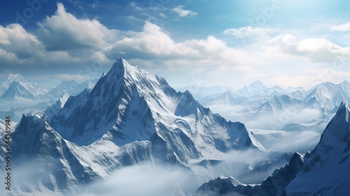 A serene  snow-covered mountain range with sharp  jagged peaks that pierce the sky.