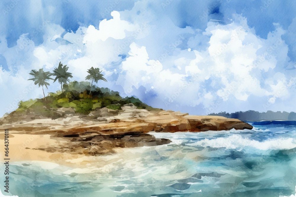 Tropical beach rocks cloudy watercolors. Generative AI
