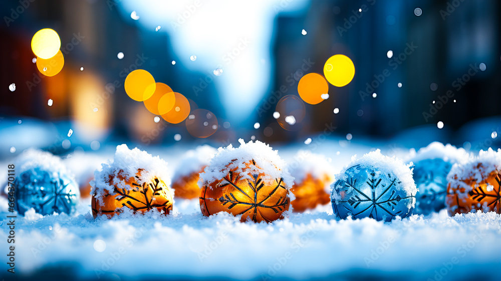 Bright decorations and gifts of different shapes and colors are scattered on the snow on bokeh background. Generative AI technology Bright decorations and gifts of different shapes and colors are scattered on the snow on bokeh background. Generative AI technology