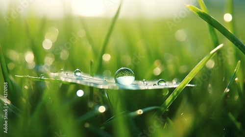 Stunning macro shot of a giant water drop on the grass in the morning. Grass covered in morning dew in the spring and summer against a backdrop of greenery.