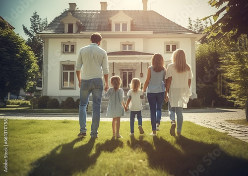 Happy family moving to their new large house in sunny summer day.Macro.AI Generative