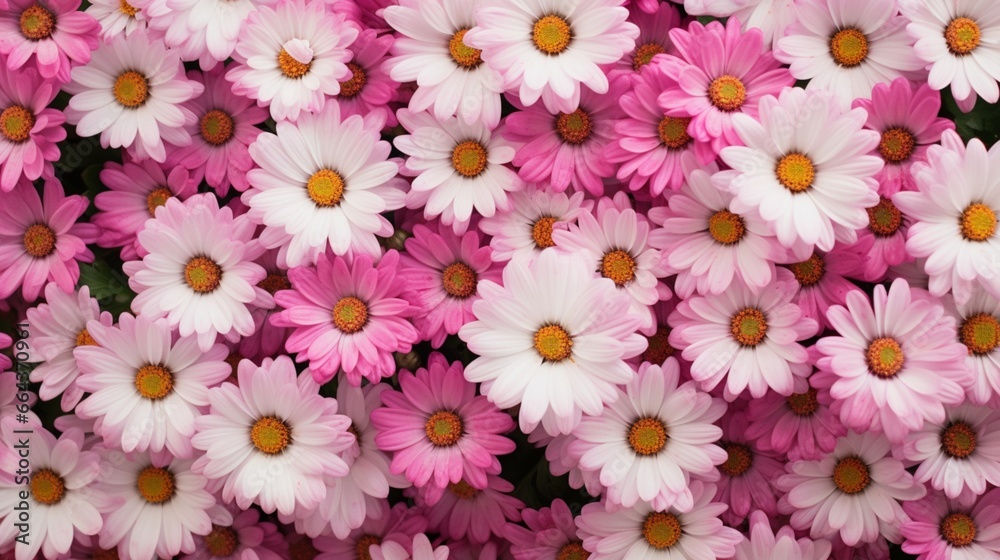 View from above of several daisies in white and pink on a lush lawn