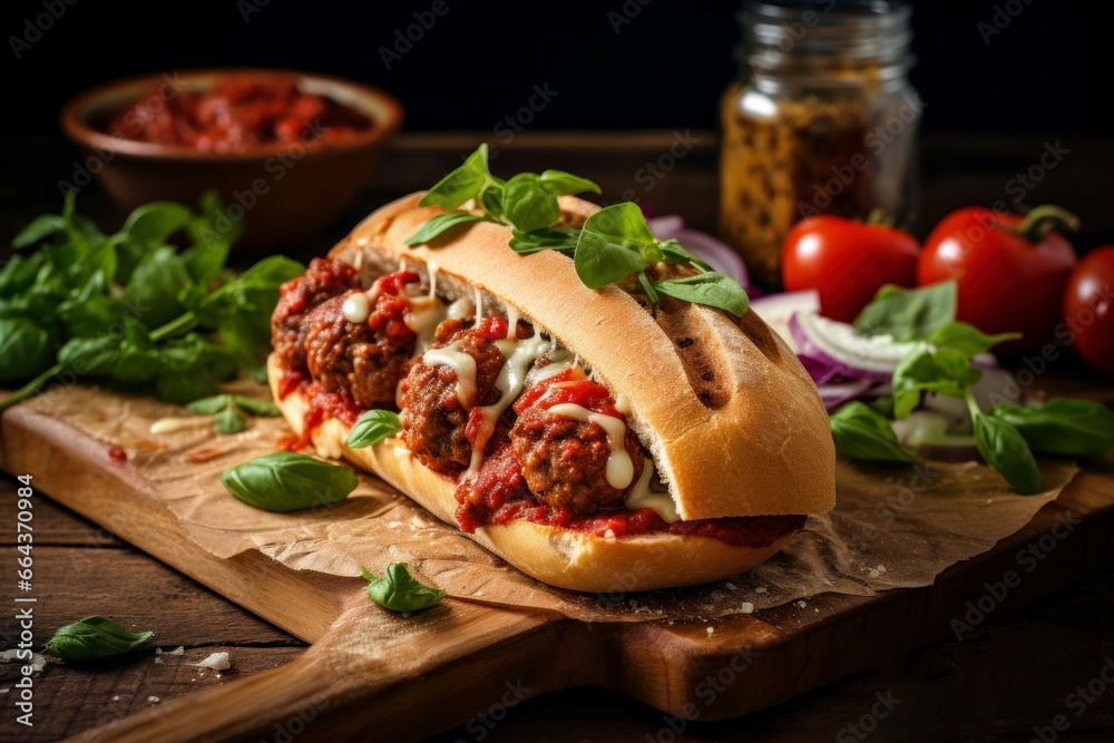 Homemade fried meatball sandwich on table. Detail fat meat dinner. Generate Ai