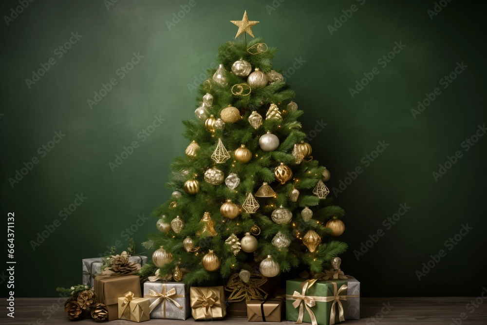 Beautiful vintage christmas tree with presents on green background. Generative Ai