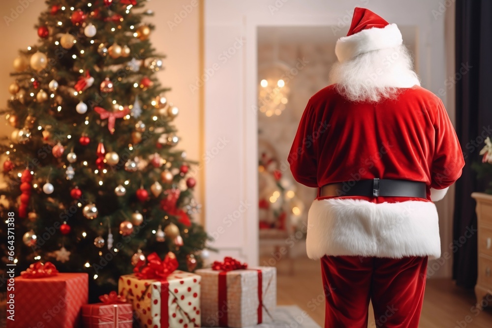 Santa Clause in a cozy house, leaving Christmas presents under the Christmas tree. Generative Ai