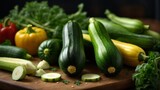 zucchini and squash in the kitchen, delicious autumn table scene, fresh vegetables on the kitchen table, fresh organic vegetables