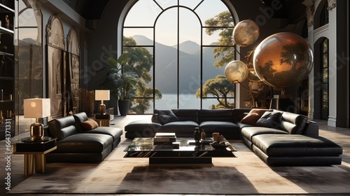 Hollywood glam style interior design of a modern living room with black sofas and golden accent tables © Newton