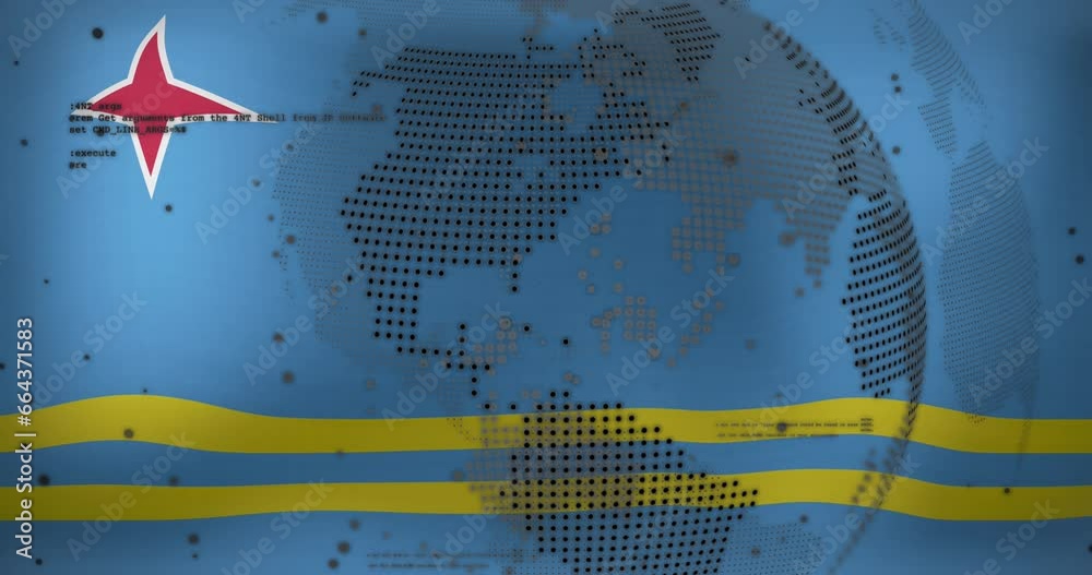 Animation of spinning globe and data processing against waving aruba flag background