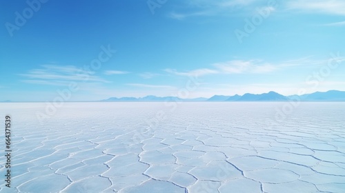 An aerial view of a vast, arid salt flat under a clear blue sky, resembling a surreal, alien landscape.