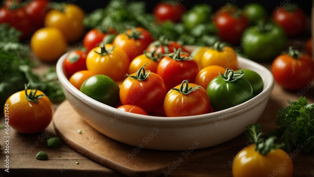 delicious autumn table scene, above view of red orange, yellow and green tomato, fresh vegetables on the kitchen table delicious autumn table scene, above view of red orange, yellow and green tomato, fresh vegetables on the kitchen table