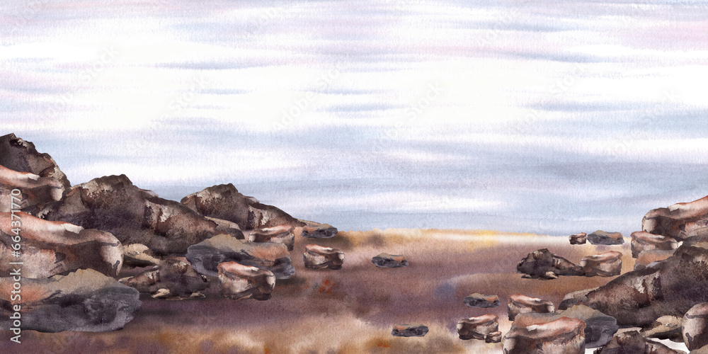 Obraz premium Watercolor landscape. Colorful seascape with ocean and coastal sandy beach with stones. Hand drawn isolated illustration on white background for your postcards, printing, poster, wallpaper, banner