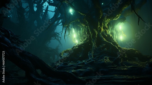 An otherworldly forest scene with bioluminescent flora casting an eerie glow on the twisted, ancient trees.
