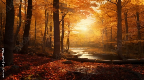 An autumnal forest ablaze with the red  orange  and yellow hues of fall foliage  bathed in soft  golden light.