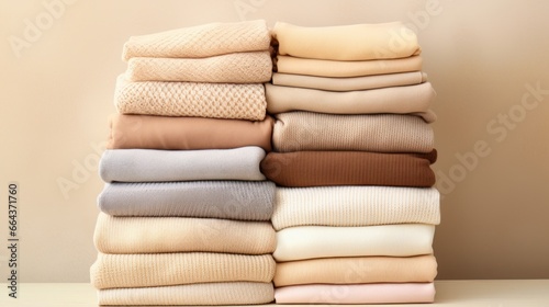 Neatly folded stacks of cozy knitwear on a wooden shelf against a beige backdrop.