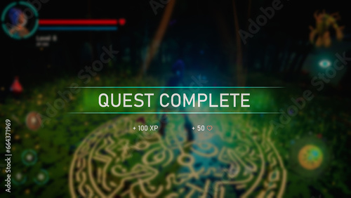 Fotografía Night Video Game Mock-up: Gameplay of 3D Colourful Fantasy Role Playing Game Featuring Female Hero Character on Adventure Fighting Monsters, Leveling Up, Finishing Quest with Victory Screen