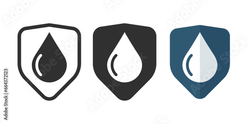 Water resistant protection icon, waterproof shield pictogram glyph graphic symbol, rainproof fabric label flat blue and black white set line outline art, moisture wet defense guard security sign image