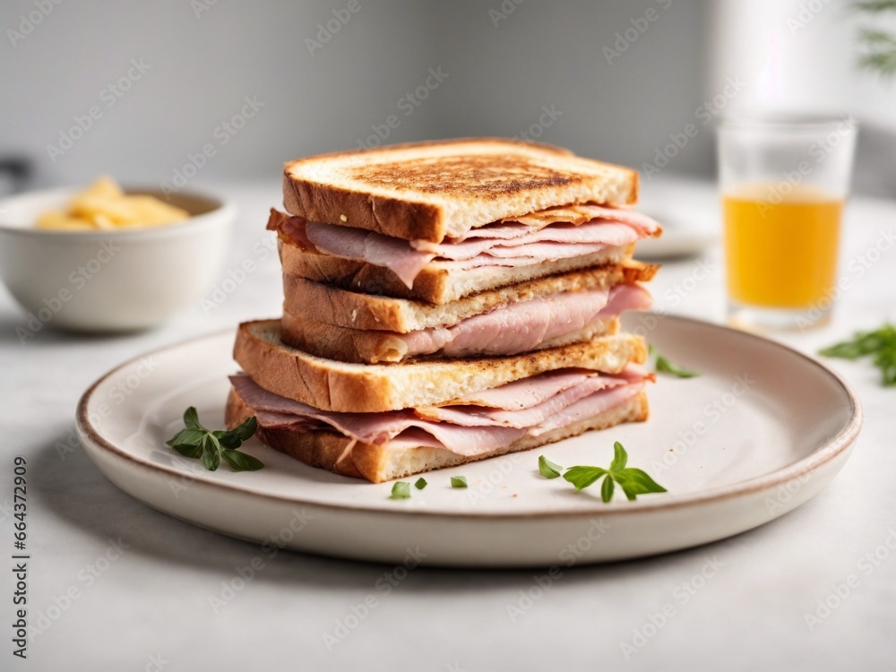 Freshly made ham and cheese grilled sandwiches on a ceramic plate