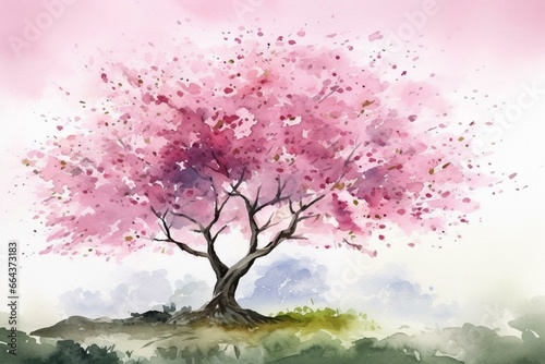Illustration of a cherry blossom sakura tree with pink flowers in a watercolor landscape. Generative AI