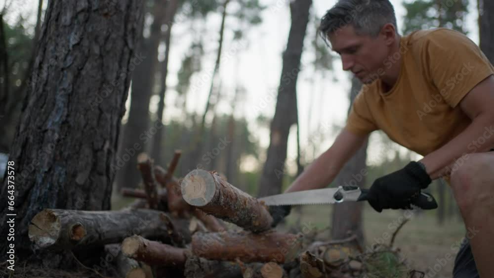 male tourist cuts log with hand saw in evening in forest. traveler preparing firewood for campfire. man in wild. hiker outdoors surviving in wild nature, making fire