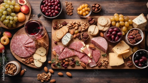 Mid-summer picnic with wine and snacks. Flat-lay of charcuterie and cheese board, rose wine, nuts, olives over wooden table background, top view. Family, friends holiday gathering 