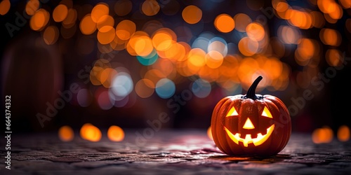 spooky halloween scene illustration with a jack o lanterns and lots of bokeh with room for text copy 