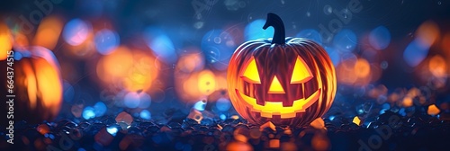 spooky halloween scene illustration with a jack o lanterns and lots of bokeh with room for text copy 
