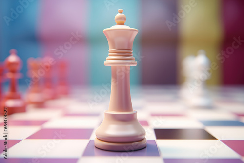 Chess figure on a chess board background, 3d rendering, pastel colors