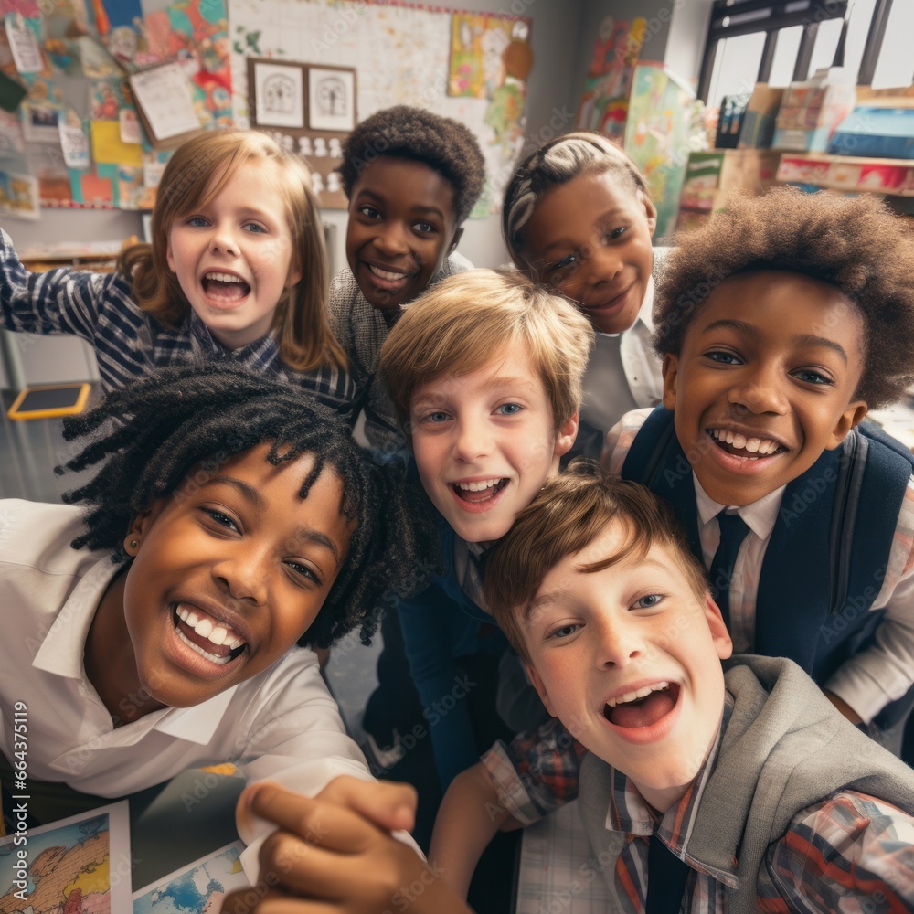 Diverse students in a modern classroom taking a group selfie Diverse students in a modern classroom taking a group selfie