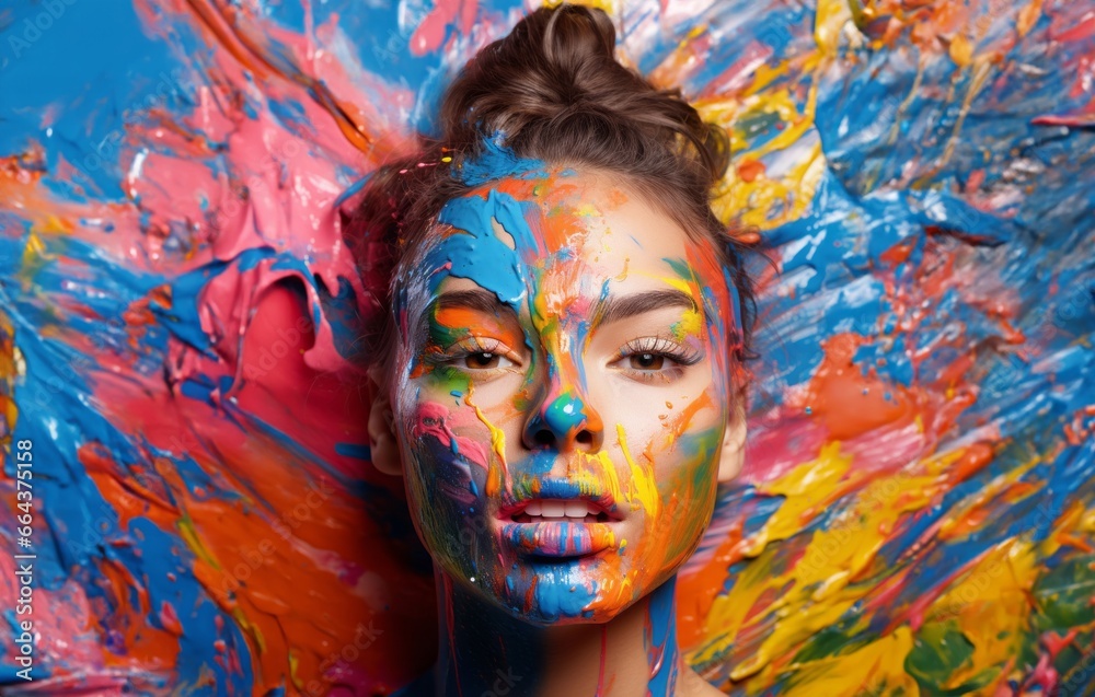A close-up shot of a woman's face adorned with a vibrant and artistic array of colors and makeup