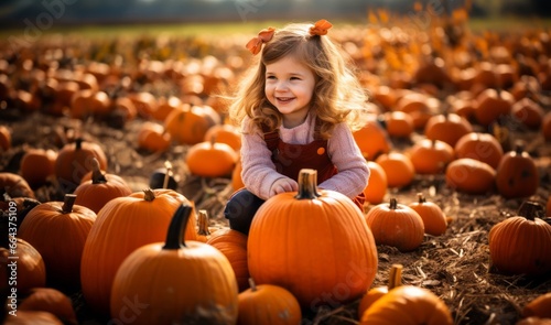 Generated imageA joyful young girl plays amidst the golden pumpkins in a charming countryside field during a vibrant autumn sunset photo