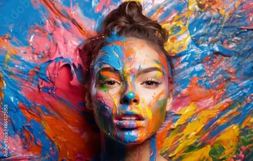 A close-up shot of a woman s face adorned with a vibrant and artistic array of colors and makeup