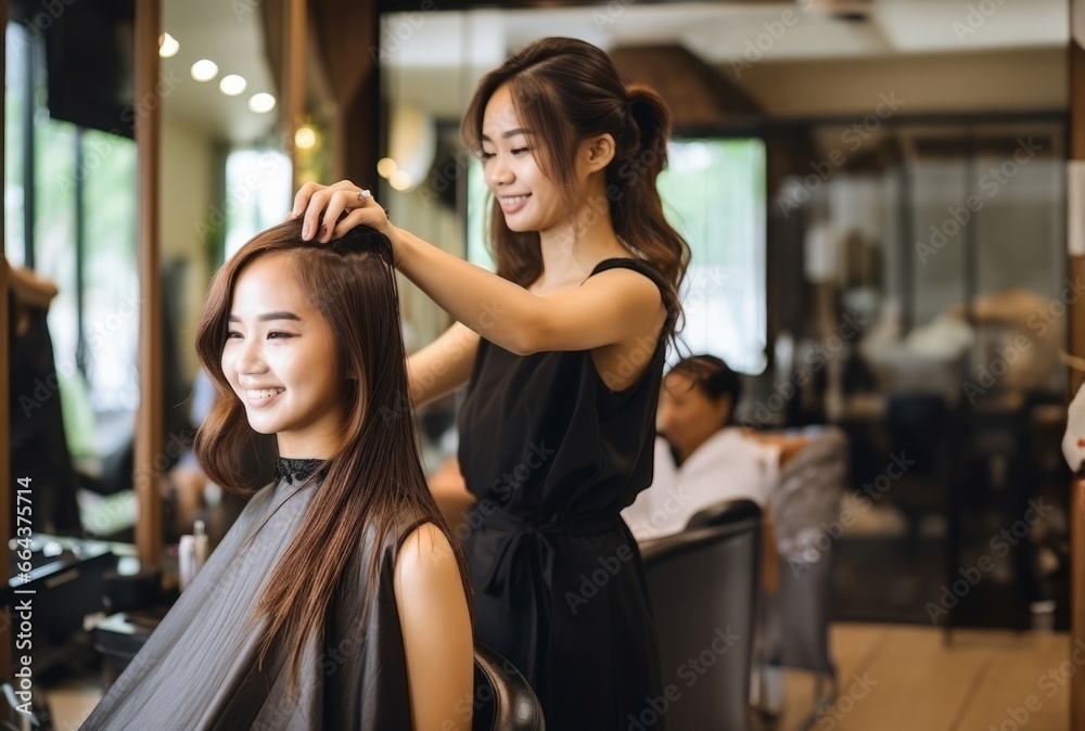 A Chinese hairdresser skillfully styles a customer's hair in a modern salon A Chinese hairdresser skillfully styles a customer's hair in a modern salon