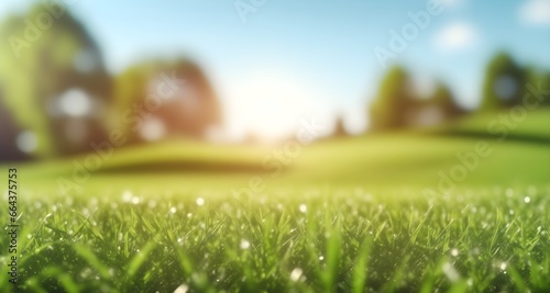 Green grass with a blurry background. Green lawn under the rays of the sun. Lawn grass with copy space.