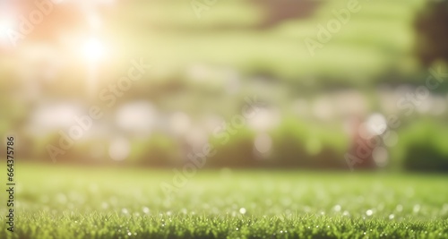 Green grass with a blurry background. Green lawn under the rays of the sun. Lawn grass with copy space.