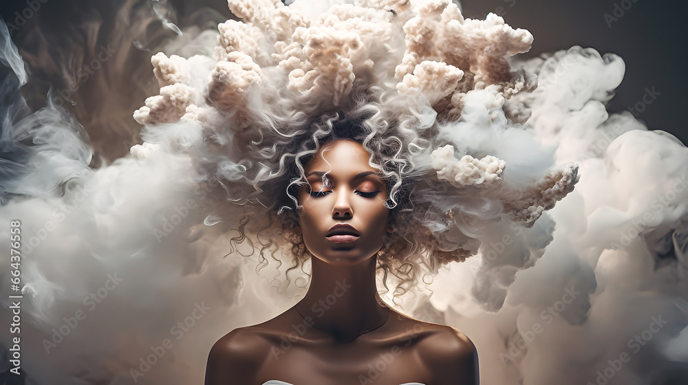 An African-American woman is a cloud over her head. Mental health concept. 